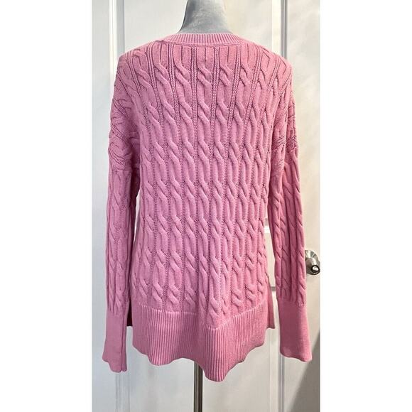 Jones & Co V Neck Pink Cable Knit Pullover Sweater Jumper Fisherman Size L - Picture 3 of 6